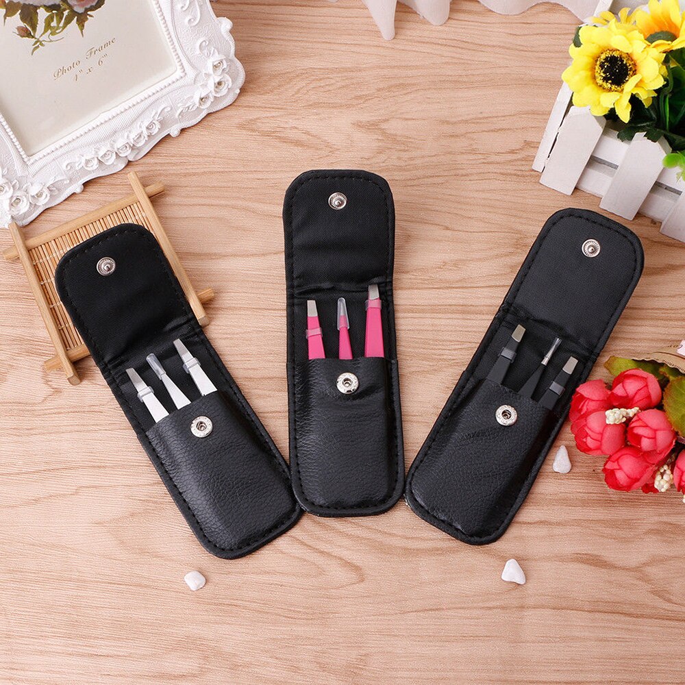 3 stks/set Wenkbrauw Pincet Rvs Punt Tip/Slant Tip/Flat Tip Ontharing Makeup Tools Accessoire met bag Case