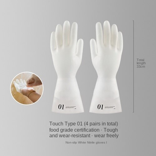 Thickened Fleece-Lined Durable Nitrile Rubber Gloves Women's Household Plastic Household Kitchen Washing and Washing Waterproof: White