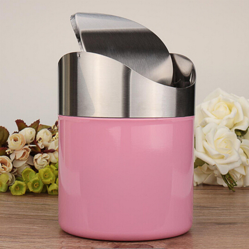 Stainless Steel Trash Bin 1.5L Mini Car DustBin Swing Lid Kitchen Worktop Waste Rubbish Trash Can