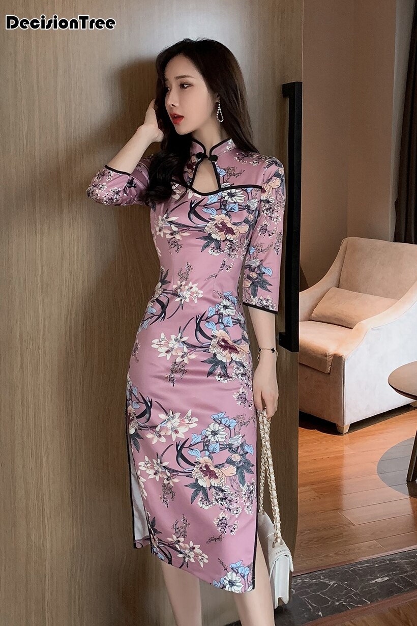 Chinese Jurk Hollow Out Side Split Elegante Jurk Bloemenprint Hoge Split Sexy Cheongsam Jurk Retro Verbeterd Qipao Kostuum