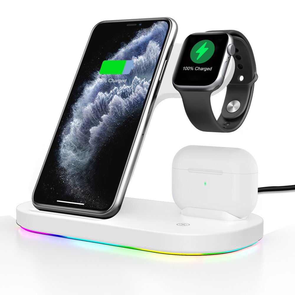 15w qi hurtig trådløs ladestativ til iphone 12 11 xr x 8 apple watch 3 in 1 ladestasjon for airpods pro iwatch: Stil 2 15w hvit