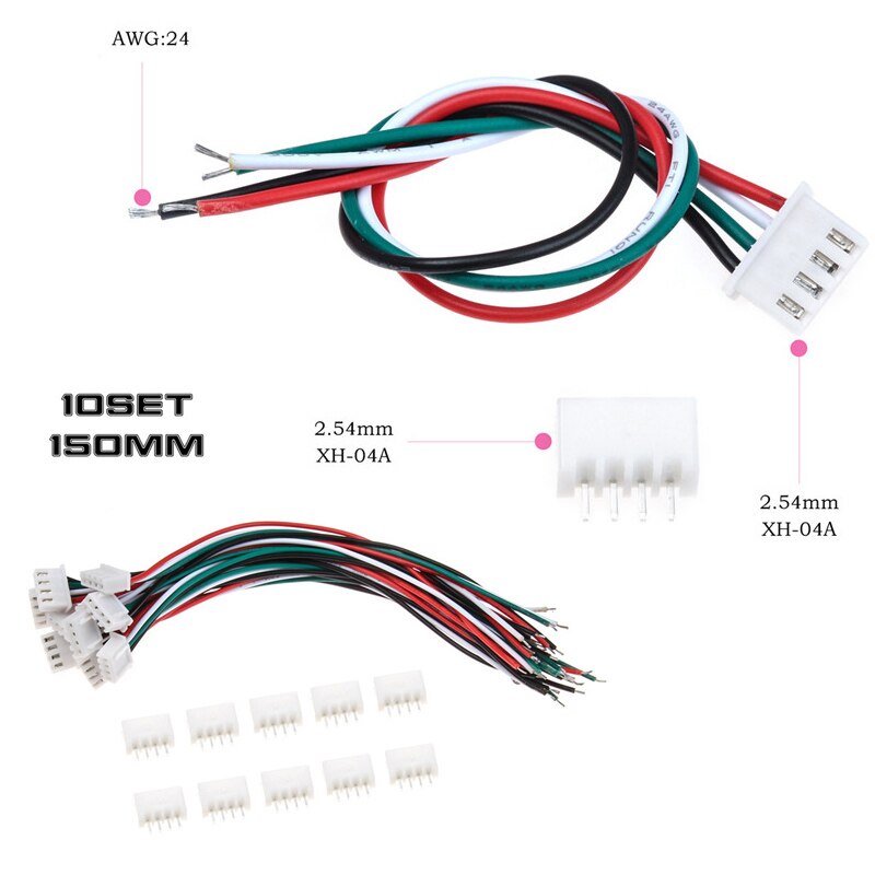 2/10Sets Mini Micro 2/3/4 Pin XH Connector Plug 2.54mm Met 24AWG Draden kabels Dupont Terminals Adapter 100/150mm: 10Ses 4Pin 24AWG