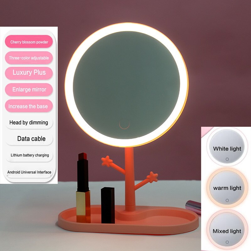 LED Makeup Mirror with Ring Light HD Vanity Mirrors Smart Touch Control Illuminated Stand Up Desk Table Mirror USB Charge: pink ring led