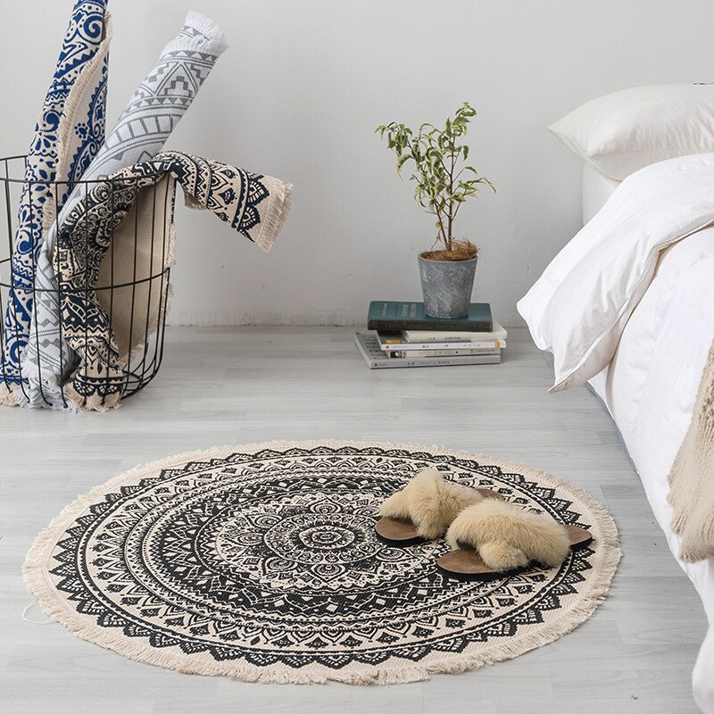 Mandala etnisk stil bomuld og linned gulvmåtter retro almindeligt gobelin håndlavet tæppe studie soveværelse sofa pude tæppe: Sort
