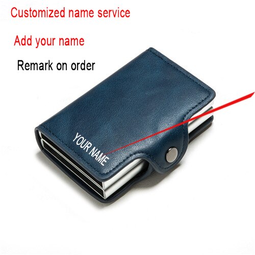 Rfid Blocking Bescherming Leather Wallet Id Credit Card Houder Met 2 Metalen Aluminium Business Bank Card Case Voor 14 Kaarten: Blue (Name Service)