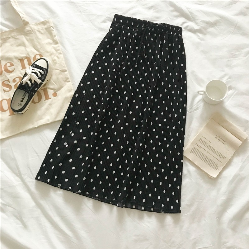Geplooide Lange Midi Rok Vrouwen Polka Dot Print Lace Up Rokken Elegante Vrouwelijke Elastische Taille Rok