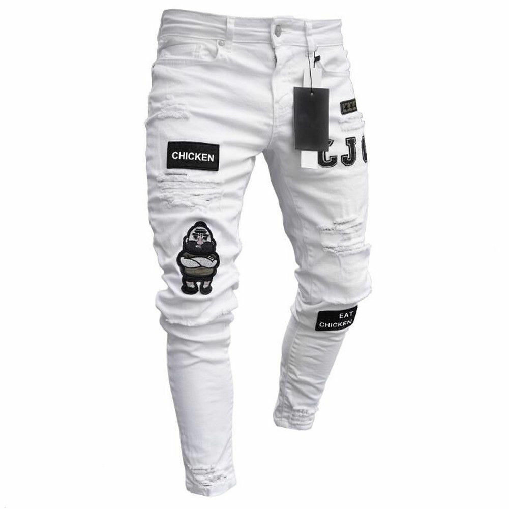 Jean de motard mince extensible déchiré pour hommes, Jean de rayé avec broderie de motard, Denim imprimé, trous et destruction, coupe Slim, 3 Styles