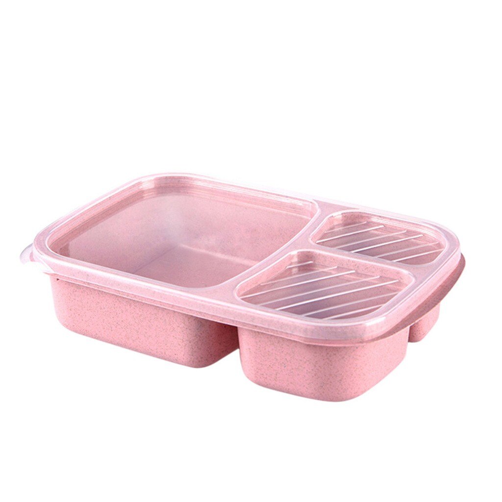 Fiambrera Bento de paja de trigo para Picnic, 3 compartimentos, almacenamiento de comida, contenedor de comida, preparación de comida, vajilla de cocina, caja de comida portátil: Pink 