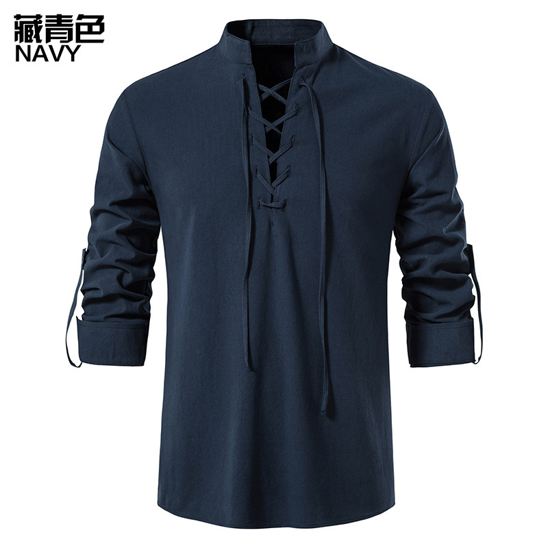 Men's Casual Blouse Cotton Linen Shirt Tops Long Sleeve Tee Shirt Spring Autumn Slanted Placket Vintage Yoga Shirts: S / Navy Blue