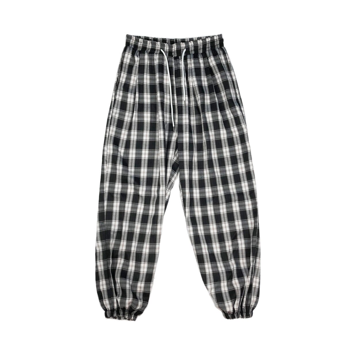 Herfst koreaanse geruite broek heren retro trekkoord casual broek heren streetwear losse hiphop rechte broek heren broeken: Ik / Zwart