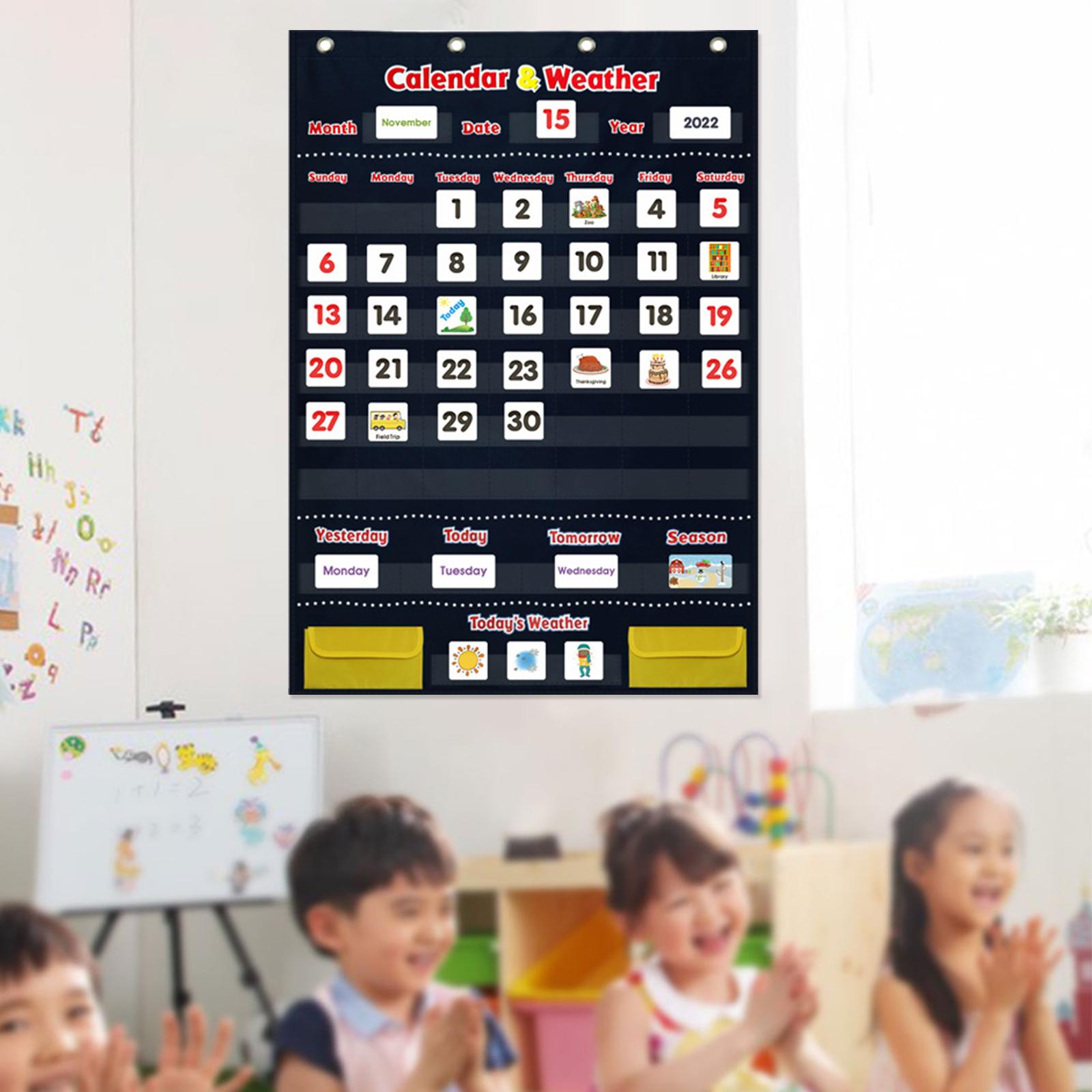 Toddlers Calendar and Weather Pocket Chart Educational Toys &amp; 4 Hooks with 142 Cards for Classroom Nursery Preschool , 44x27"