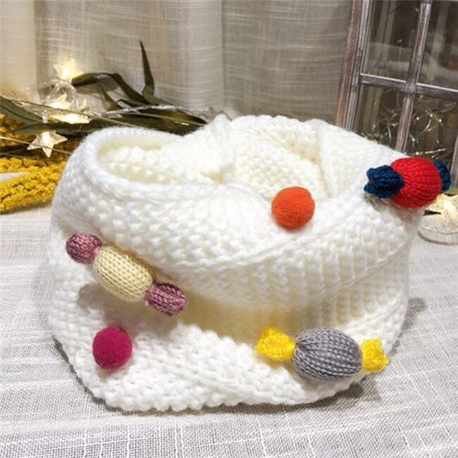 Höst vinter pojkar tjejer halsduk baby barn halskrage färgglad pompom godis halsduk varm tjock stickad ull barn o ring halsdukar: Vit