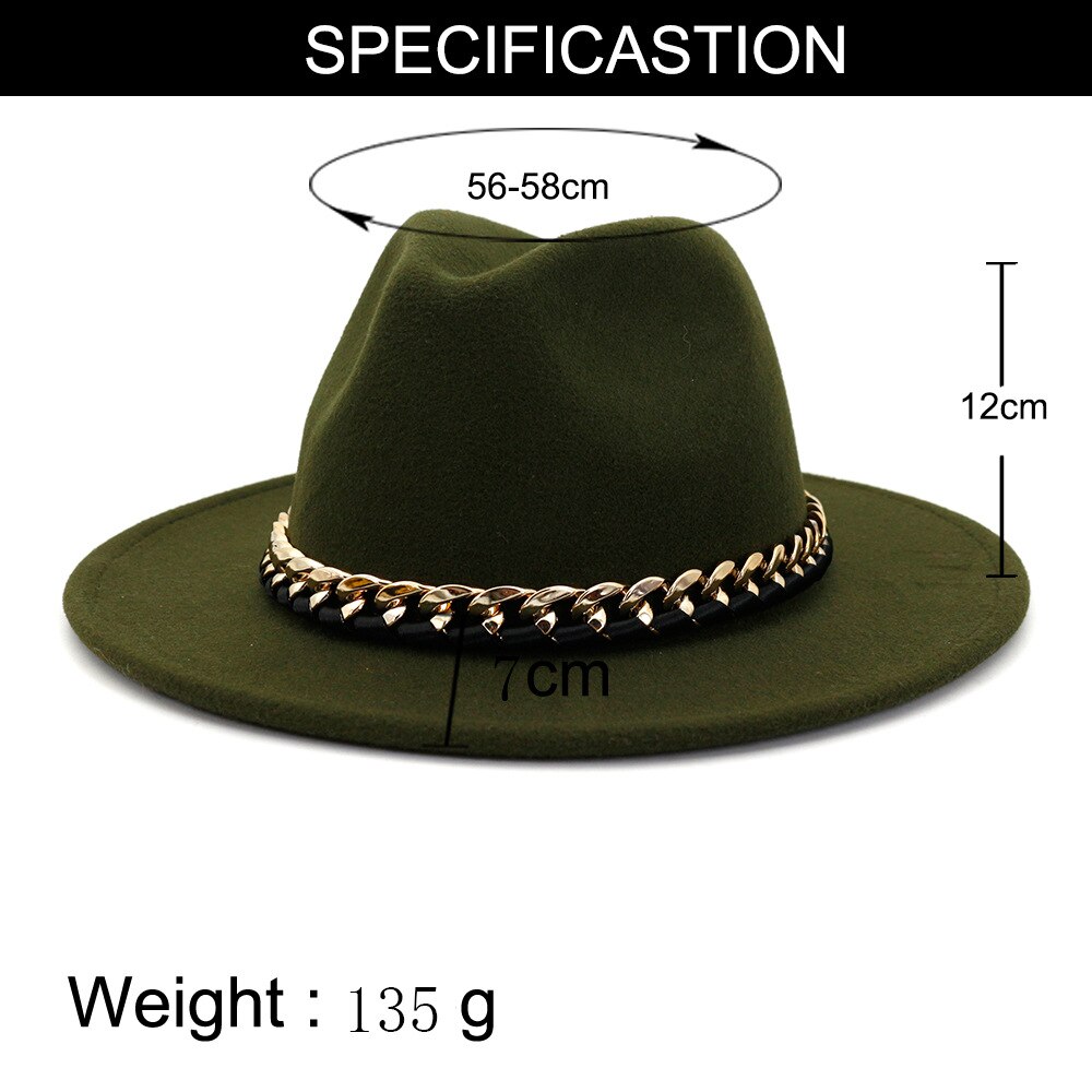 Europæisk amerikansk imiteret uldne bowlerhatte til kvinder mænd vinter efterår vintage bredskygget top jazzhat fedora kasketter med kæde