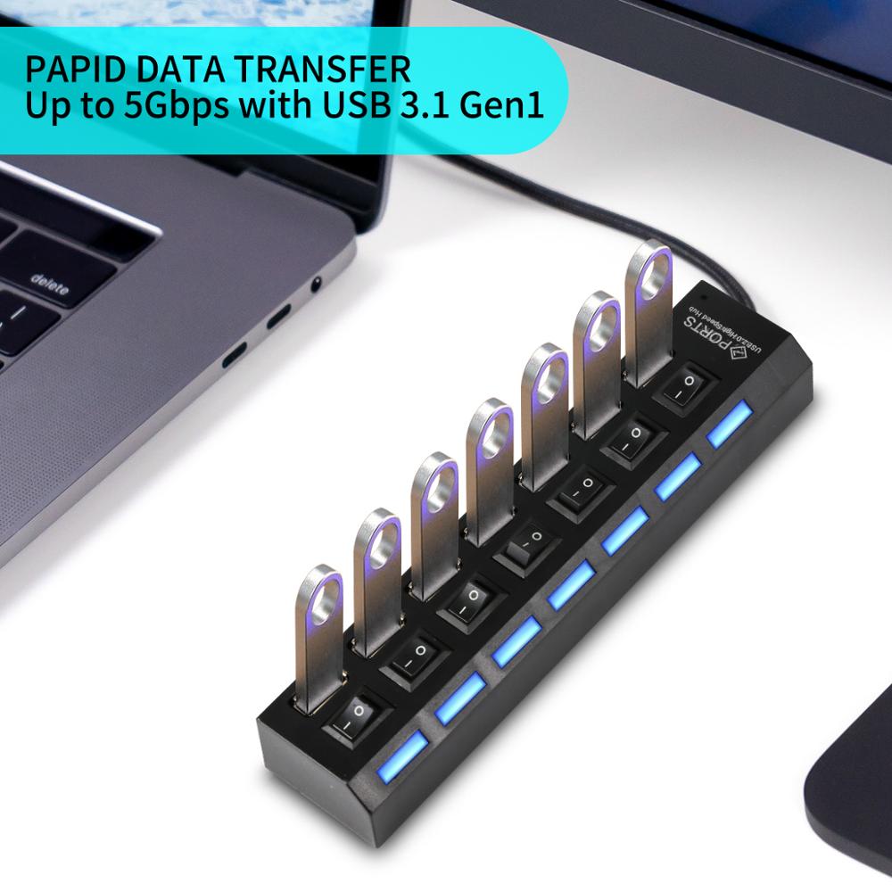 7 ports usb splitter usb 2.0 3.0 hub med strøm av/på bryter høyhastighets adapter kabel for pc bærbar datamaskin flere porter gt