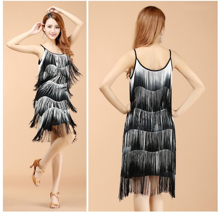 Ladies Night Club Party Latin&amp;ballroom Dance Sequin Fringe Show Girl Dress: black