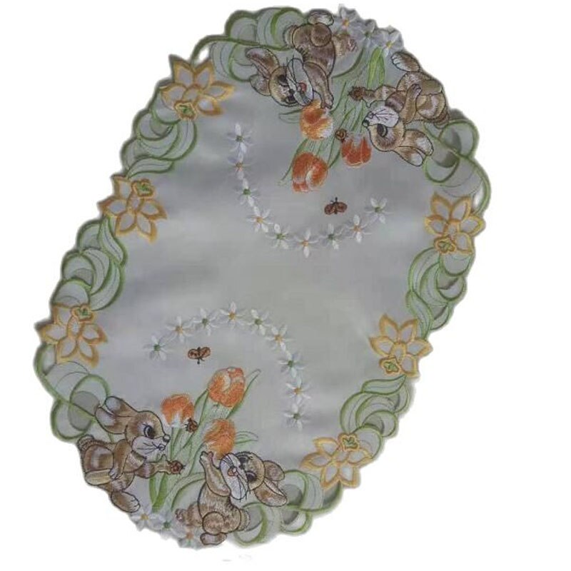 Oval påskhare broderi bord bordsunderlägg underlägg tyg kopp fat te underlägg bordstablett mugg doily kök påsktillbehör