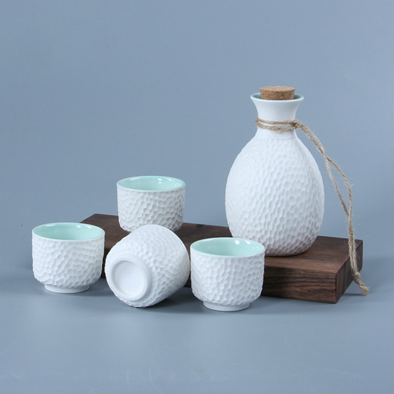 Sahi ensemble de 4 tasses à vin en céramique | Glaçage flocon de neige en nid d'abeille, Art saké japonais Flagon Stoup carafe Saka Home Bar