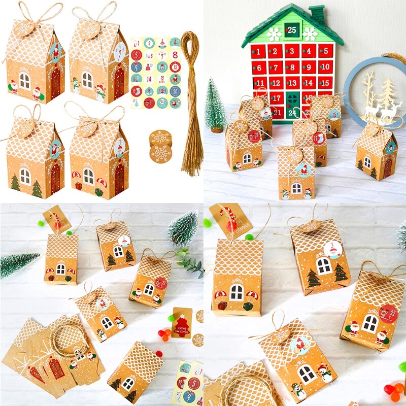 24 sets kersthuisjes, kraftpapier, koekjes, snoepzak, sneeuwvloklabels, 1-24 adventskalenderstickers, henneptouw, feestbenodigdheden