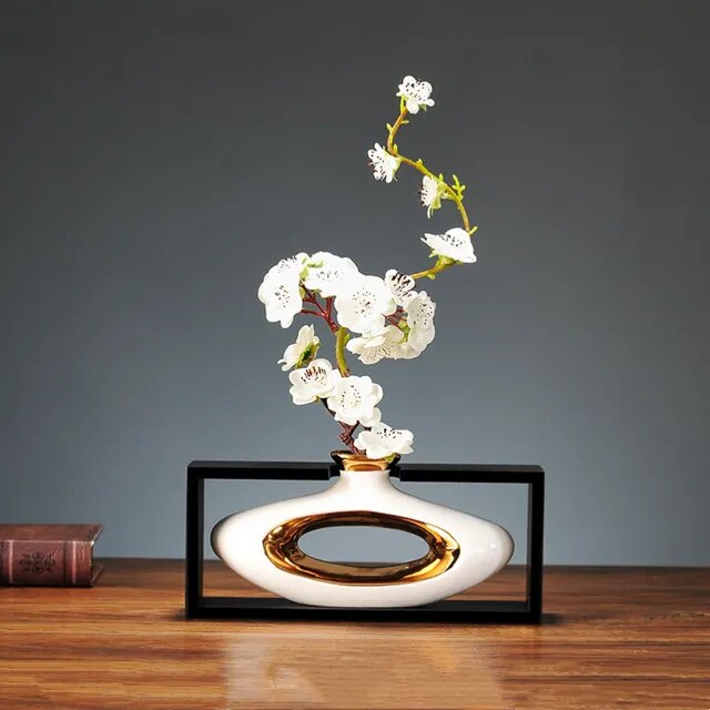 Florero de cerámica de estilo chino, marco de madera Retro calado, arreglo floral moderno para el hogar, jarrones de decoración: green