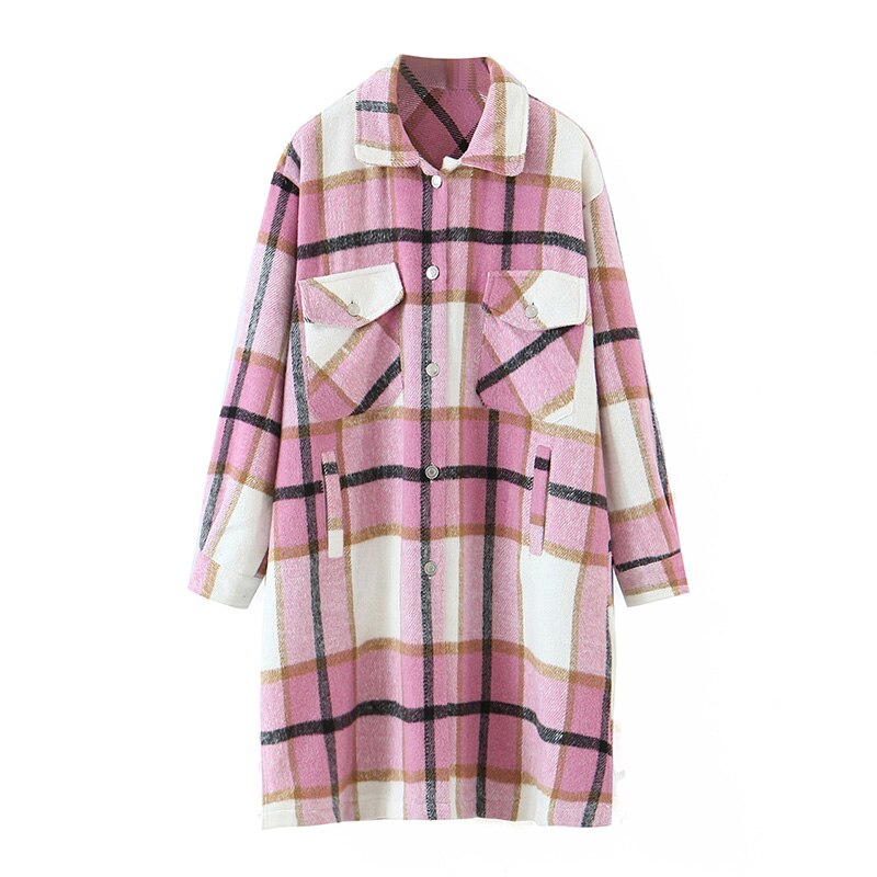 Aachoae dames lange geruite jas met omslagkraag, casual dames wollen jassen, vleermuismouwen, losse zakken, herfst/lente: Roze / Ik