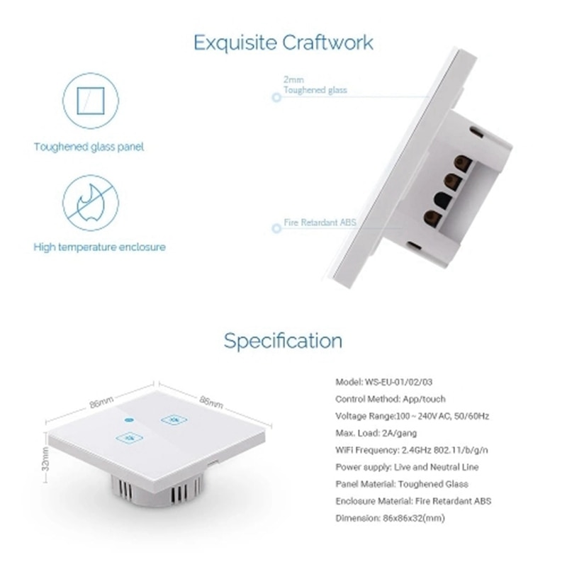 WiFi Smart Press-Switch Wall Switch Light EU Standard Press-Screen Switch Crystal Glass Panel LED Lamp Switches(2 Gang)