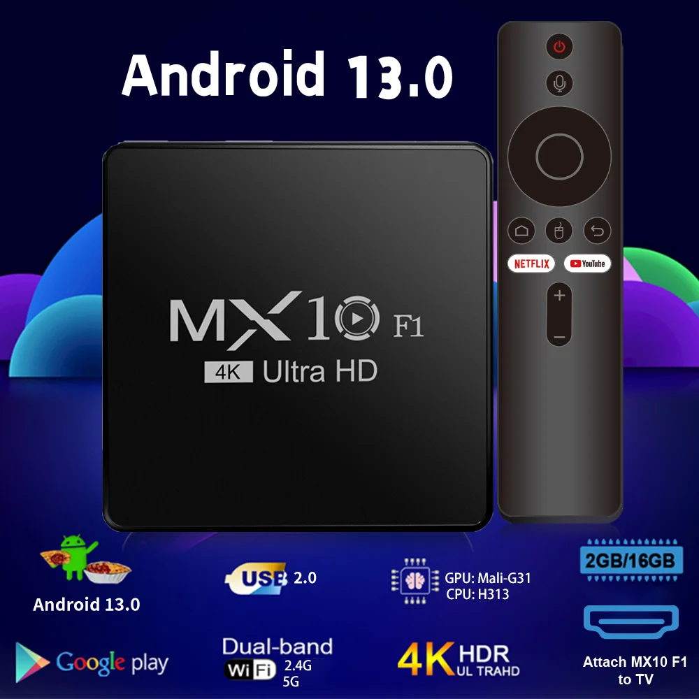 Android 13 Tvbox Tv Box M10-F1 With Bt Voice Remote Control Tvbox All Winner: UK Plug