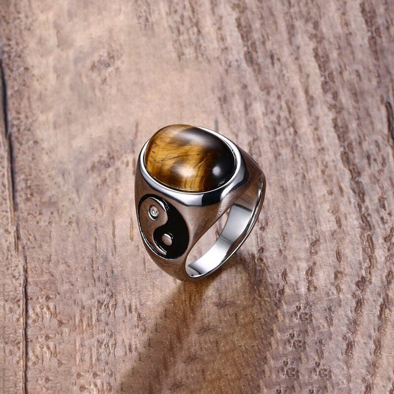 Somen Vintage Mannen Punk Ringen Tijgeroog Bruin Stenen Met Yin Yang Symbool Ring In Roestvrij Stalen Sieraden Heren Accessoires anels