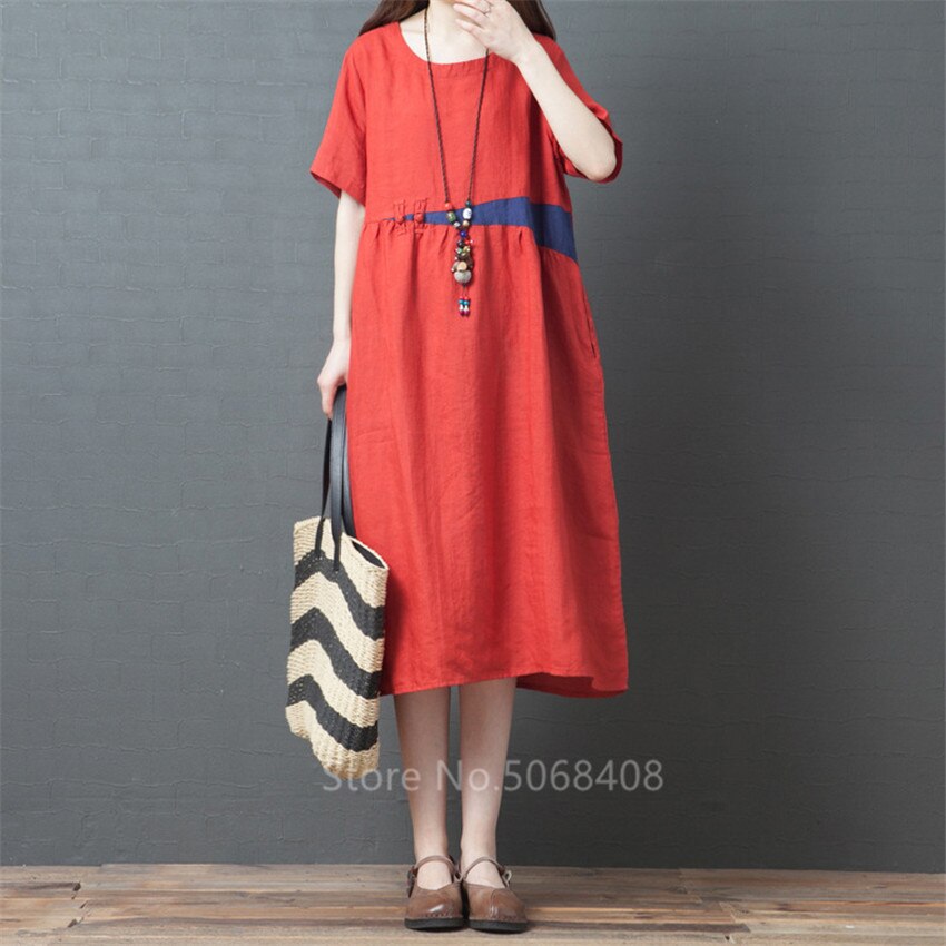 De manga corta verano las mujeres vestido de lino de algodón o-Cuello Vintage tradicional de talla grande de vacaciones Casual Midi vestido túnica