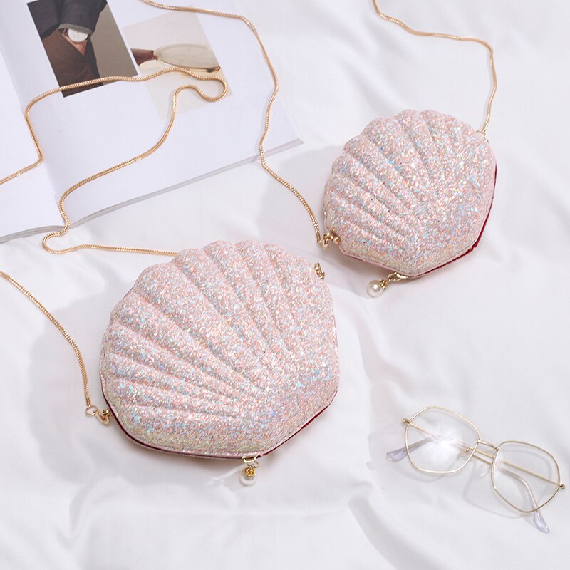 Paljettväska skalväska sommar läder handväska dam kedja axel messenger bag crossbody bolsos mujer: Rosa stor