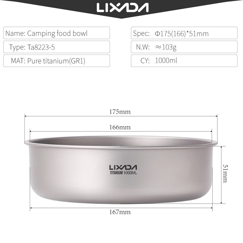 Lixada – bols de Camping en titane, casserole de fruits et légumes, assiette de dîner, récipient de nourriture pour la maison, Camping en plein air, randonnée pique-nique