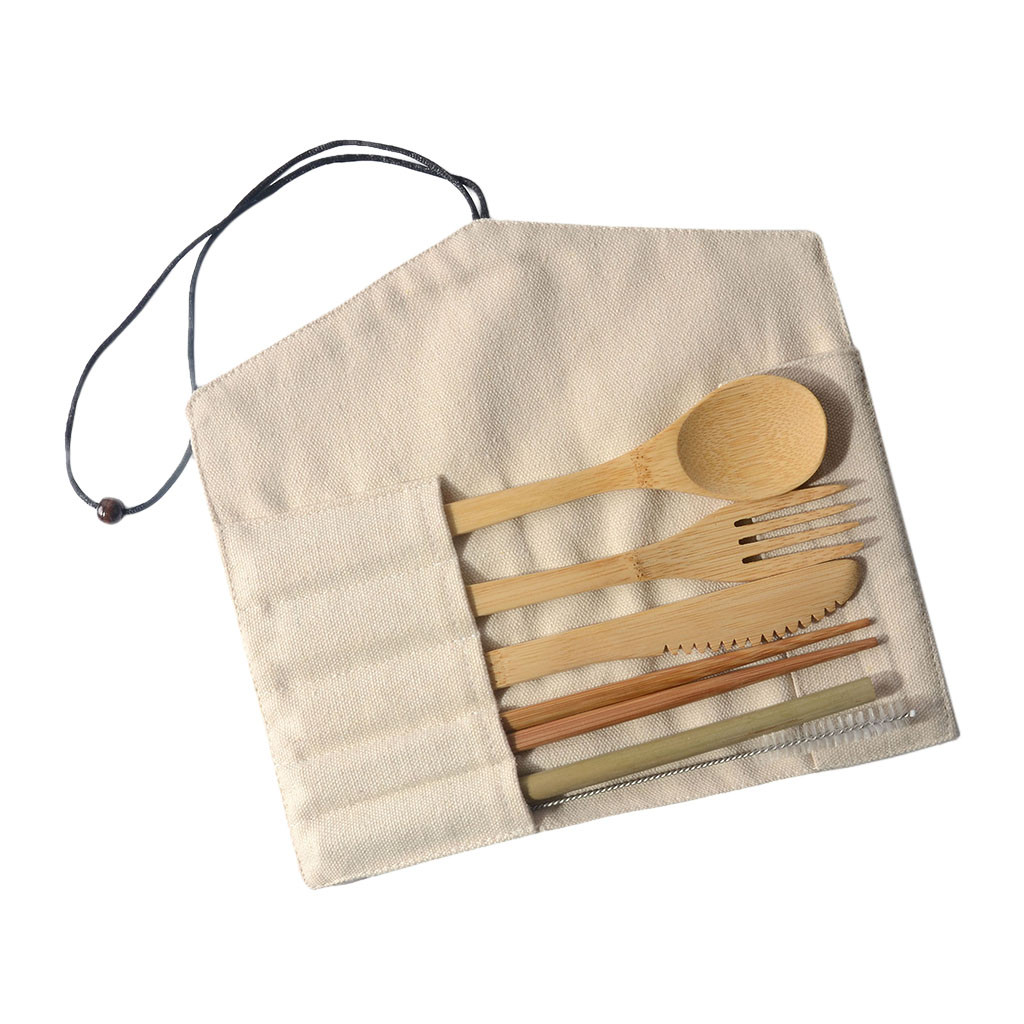 Portable Eco-friendly Fork Spoon Knife Toothbrush Chopsticks Bamboo Straw with Cutlery Bag for Travel Picnic Set: Beige