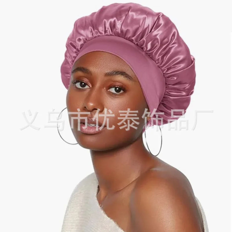 Damen-Schlafmütze mit breiter Krempe, Seidenhaube, Haarwickel zum Schlafen, Schlafmütze mit elastischem, weichem Band, Schlafmütze mit elastischem, weichem Band: Rosa
