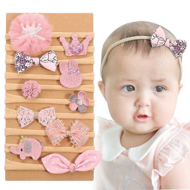 10/12 Pcs/Set Bows Bloem Zachte Nylon Elastische Pasgeboren Baby Meisje Hoofdbanden Strik Kant Bloemen Baby Haar Accessoires