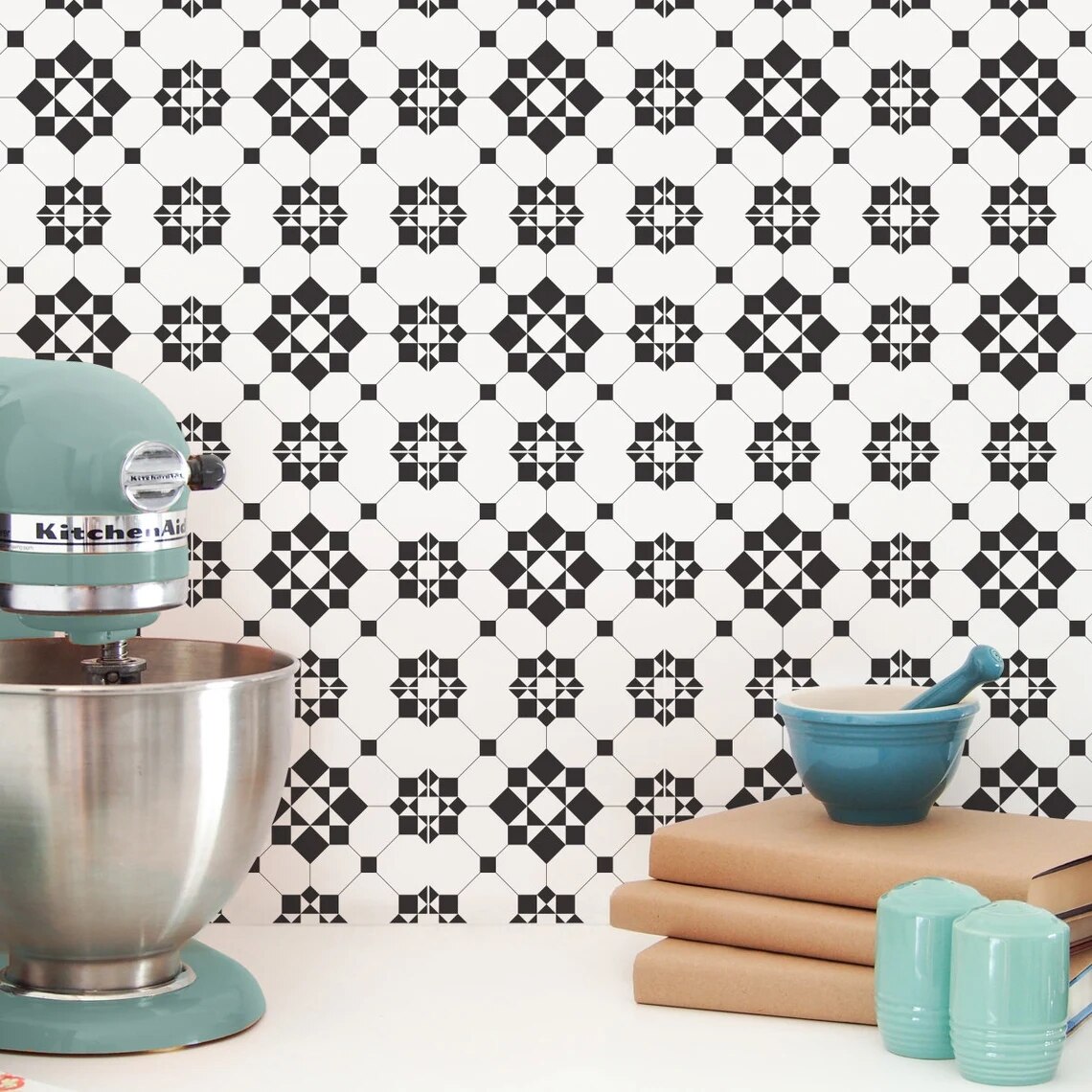 Victorian Kitchen &amp; Bathroom Backsplash Vinyl Tile Decals Tile Wall Stair Vinyl Decal Stickers Black and White Removable