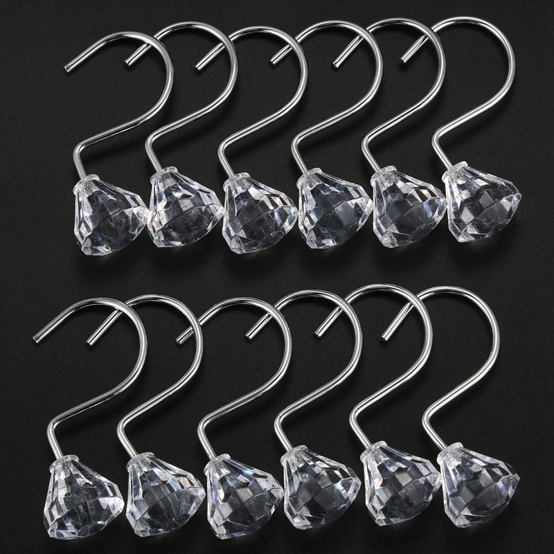 Pack of 12 Shower Curtain Hooks Diamante Style Acrylic + metal