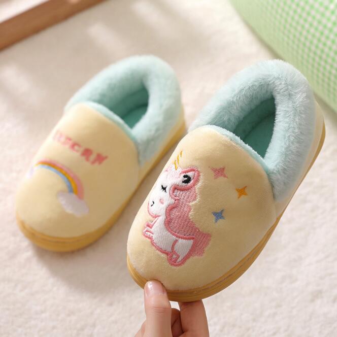 Eenhoorn Kids Slippers Voor Peuter Jongens Indoor Schoenen Baby Meisje Bont Slides Katoen Flip Flop Warme Winter Huis Kinderen Slipper: YELLOW / 34-35