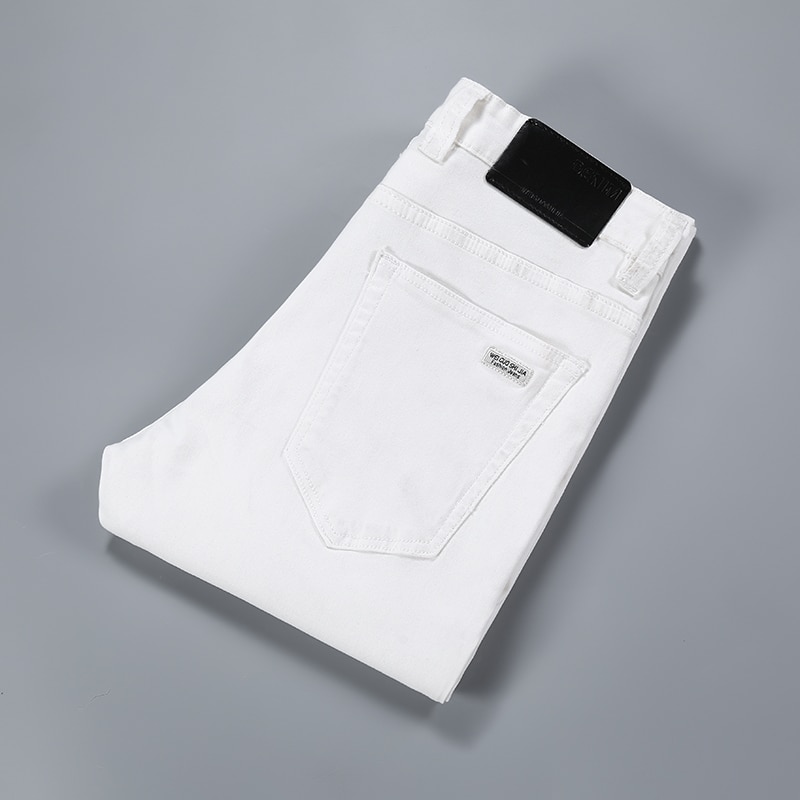 Men White Cotton Slim Straight Men Casual Stretch Skinny Jeans Straight fit Trousers White Pants Solid Colors Jeans
