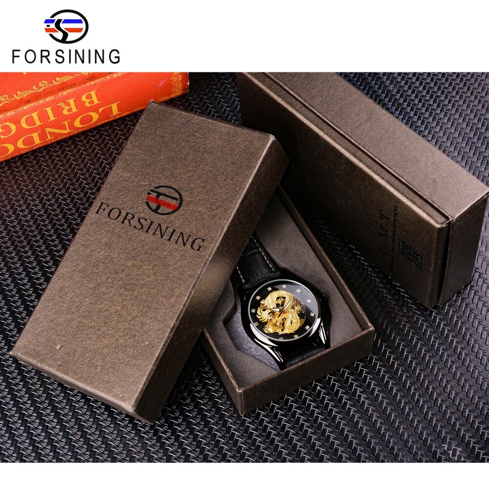 Forsining Diamant Display Dragon Zwart Gouden Lichtgevende Hand Transparante Mannen Kijken Topmerk Luxe Waterdicht Mechanische Horloges