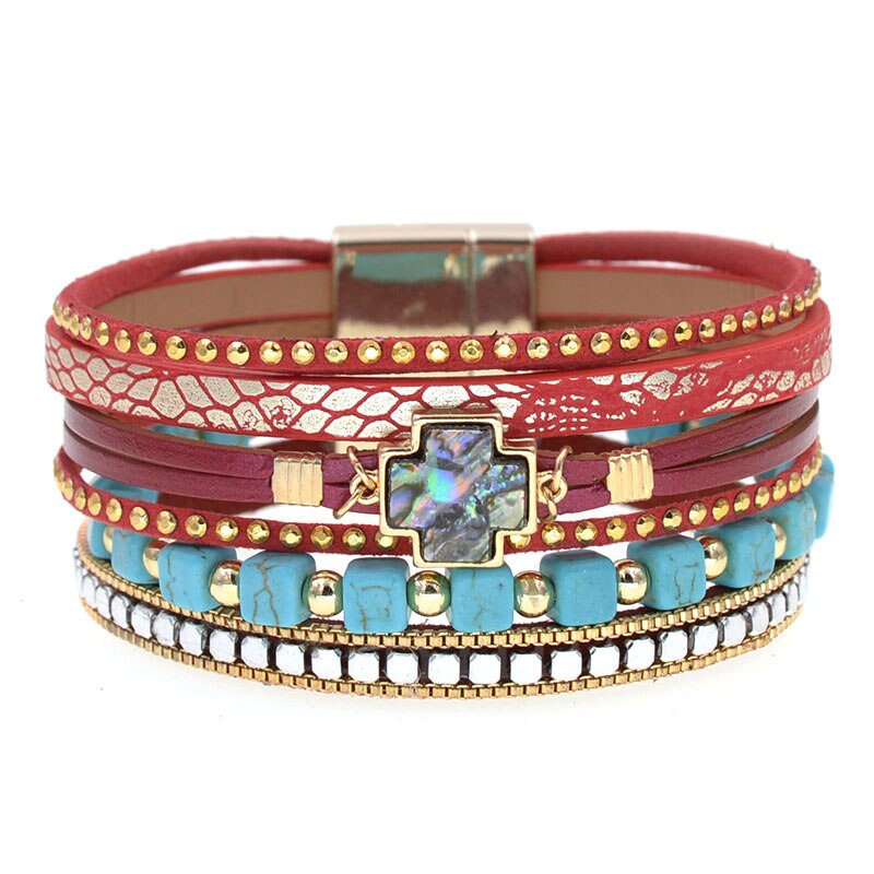 WELLMORE böhmen kreuz armbänder für frauen stein perlen wickeln armbänder leder Armbänder &Ampere; Armreifen Weiblichen Schmuck: 17cm / rot