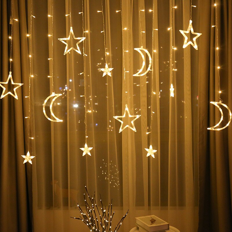 Cortina de luces LED con forma de luna y estrella para decoración, guirnalda de 3,5 M para Navidad, festividades, Año , cortina en la ventana