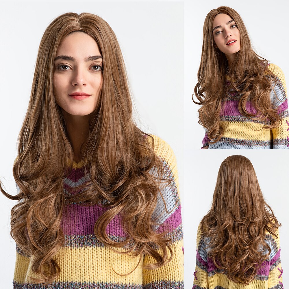 Jonrenau sintético marrom escuro longo ondulado perucas de cabelo com franja lateral resistente ao calor perucas de fibra para preto branco: lc183-4