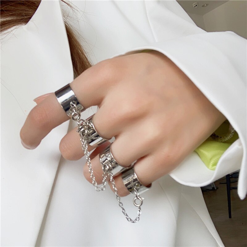 Punk Geometric Silver Color Chain Wrist Bracelet for Men Ring Charm Set Couple Emo Jewelry bracelets jewellery: 3