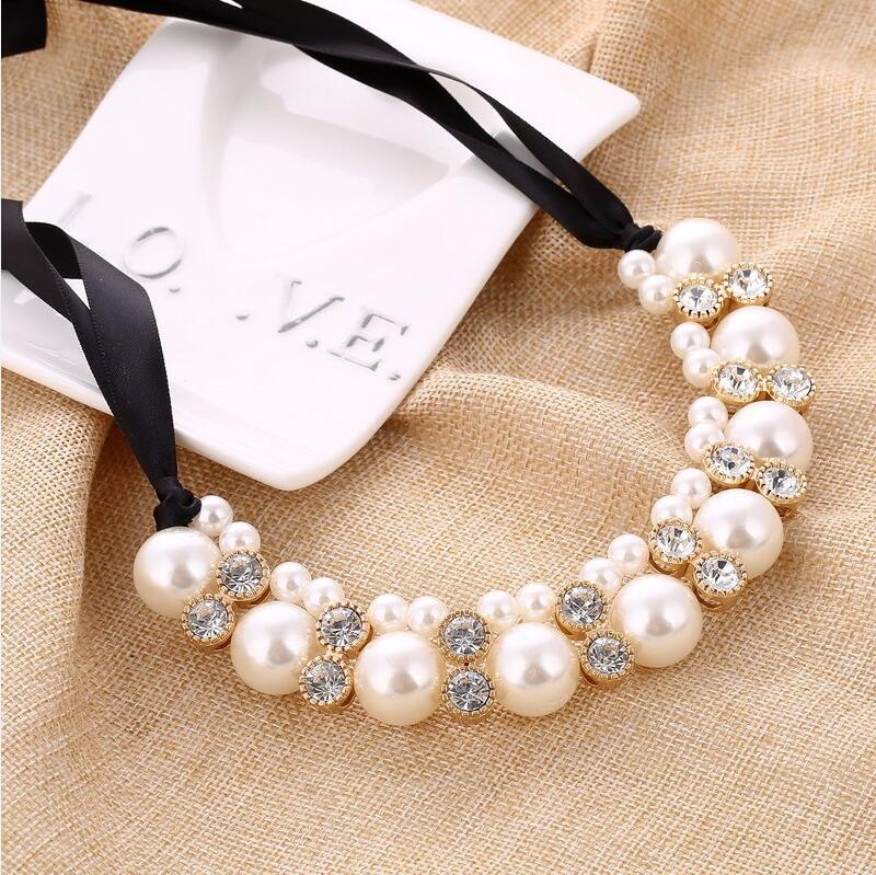 KMVEXO Imitation Pearl Chokers Necklace White Black Beads Rhinestone Ribbon Necklaces&Pendants Statement Necklace For Women: White