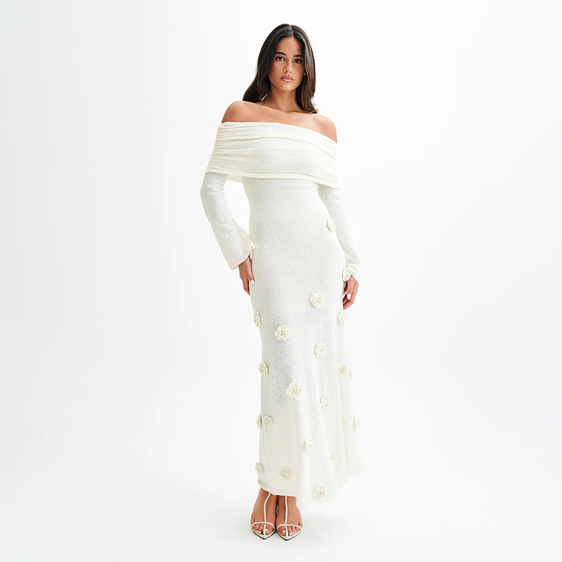 Dgluke off-shoulder langærmet maxikjole til kvinder forår og efterår strikket lang kjole med blomsterapplikationer og havfrue-festkjole