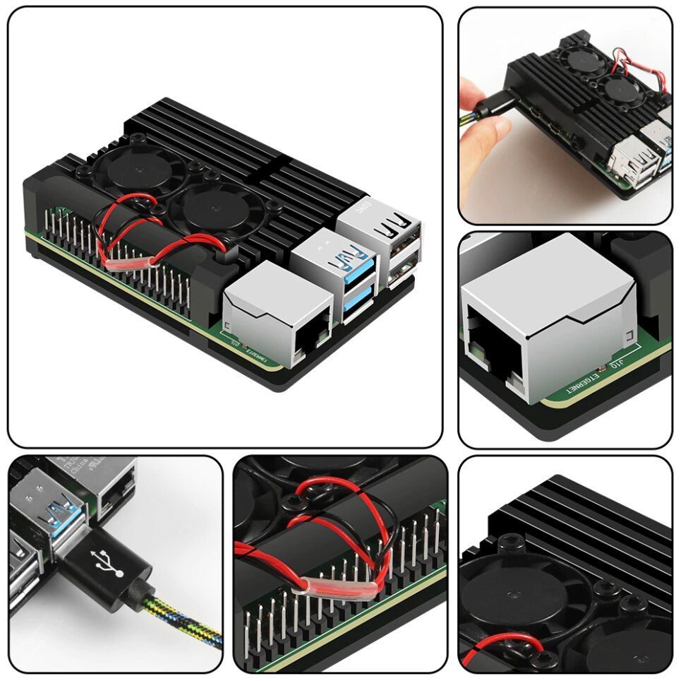 Carcasa de aluminio Raspberry Pi 4/3 con ventilador de refrigeración carcasa de Metal Dual, carcasa negra para RPI Raspberry Pi 4B/3B/3B +