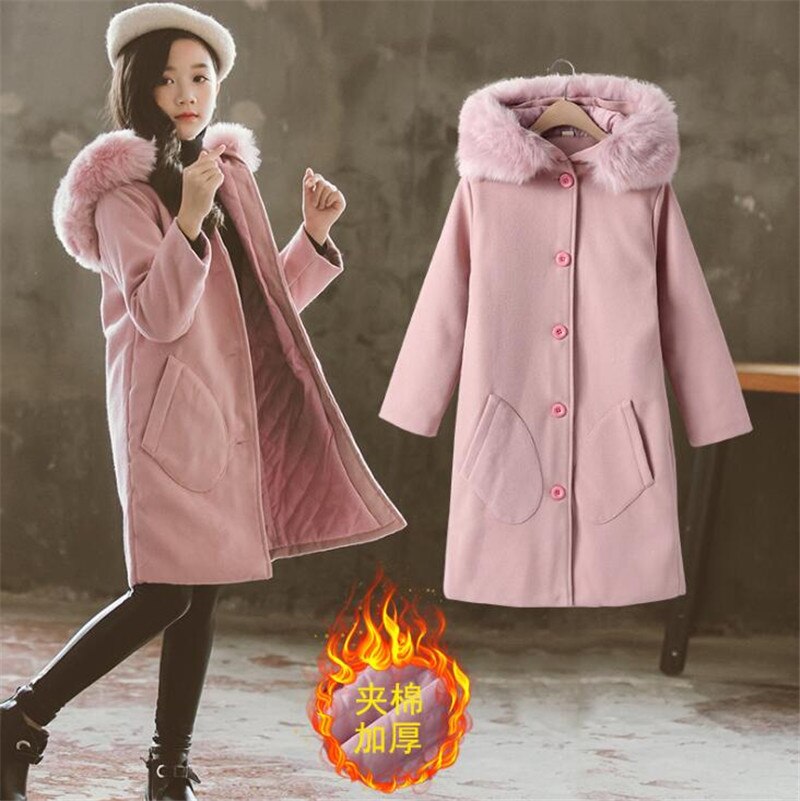 Weoneit Kinderen Meisje Overjas Winter Mode Wollen Jas voor Meisjes Tieners Capuchon Warme Lange Bovenkleding Kinderen Winddicht