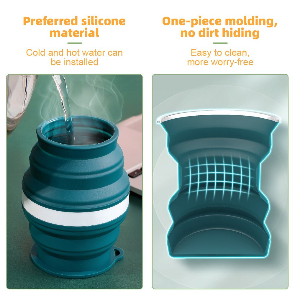 Taza plegable de silicona portátil con cordón, taza de viaje resistente al calor, tapa plegable, almacenamiento para agua