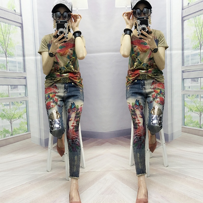 Denim Pants Painted Bronzing Jeans Woman Spring Autumn Women Ins Super Fire Printing Jeans Female Trousers