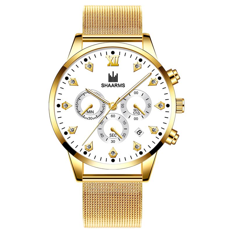 SHAARMS Men's Wristwatch Blue DialCasual Quartz Watch Stainless Steel Mesh Band Watch Date Clock Reloj Hombre: Gold White
