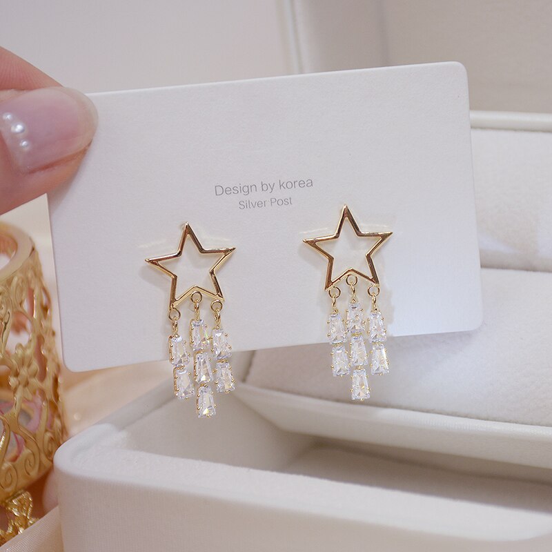 14k Real Gold Shine Tassel Crystal Star Women Earring Popular Zircon Earring Bohemia Wedding Jewelry Pendant: Default Title